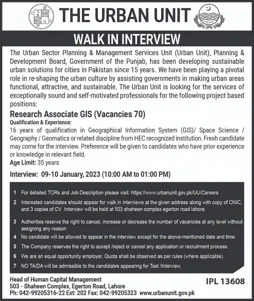 research associate vacancies at the urban unit advertisement