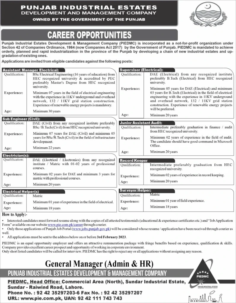 Punjab Industrial Estates development and management company jobs advertisement